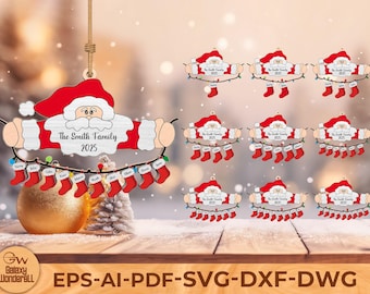 May include: A wooden Christmas ornament featuring Santa Claus with the text "The Smith Family 2025". The ornament has a string of lights and red stockings with names. The image also shows multiple ornaments with varying numbers of stockings.