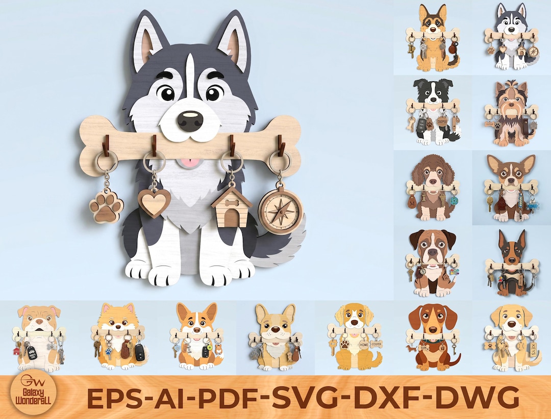 Dog Key Holder Laser Cut Bundle, Wooden Entryway Wall Organizer
