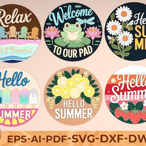 May include: A collection of six round wooden signs with summer-themed designs. The signs feature text like "Relax," "Welcome," and "Hello Summer," along with images of beach chairs, a frog, daisies, popsicles, lemons, and strawberries. The signs are suitable for outdoor decor.