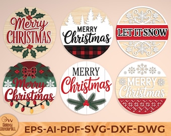 May include: A collection of six round Christmas-themed wooden signs. Each sign features festive designs, including the words "Merry Christmas" and "Let It Snow", holly, snowflakes, and plaid patterns. The signs are in red, white, and green.