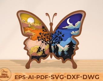 Papillon multicouches SVG, fichiers SVG famille heureuse, papillon imbriqué en bois, découpe laser décorative, fichiers svg Glowforge