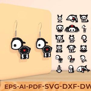 Halloween bot charme lasergesneden bestanden, skelet dierlijke oorbel SVG-bundel, schattige Dino kat hond skelet sieraden digitale download