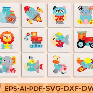 Pacote de quebra-cabeças SVG para crianças, 12 designs de animais e veículos, arquivos cortados a laser para brinquedos de madeira, DIY educacional fofo para crianças, arquivo pronto para laser