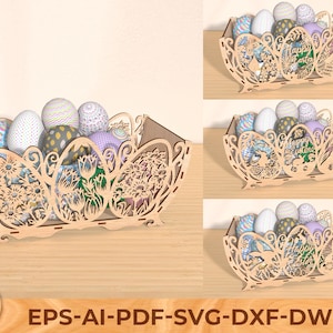 Canasta de Pascua de madera decorativa cortada con láser, canasta de regalo de Pascua cortada con láser, archivo de corte para porta huevos de Pascua, Glowforge