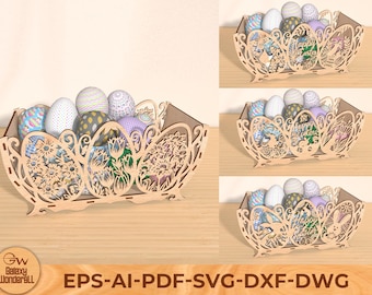 Decorative Laser Cut Wooden Easter Basket Laser cut, easter gift basket laser cut, easter egg holder cut file, Glowforge