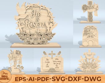 He Is Risen Easter Sign SVG, Christian Wooden Decor, Layered Religious Tabletop Sign, Laser Cut File