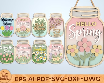 Spring Mason Jar Wooden Sign Laser Cut File SVG DXF, Layered Flower Jar Wall Decor, Farmhouse Spring Wood Craft, spring mason jar Svg File