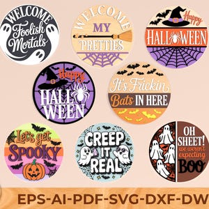 Halloween Door Sign SVG Bundle, Cute Ghost Door Hanger svg, Funny Witch Sign Laser Cut Files, Spooky Round Sign svg, Glowforge svg files