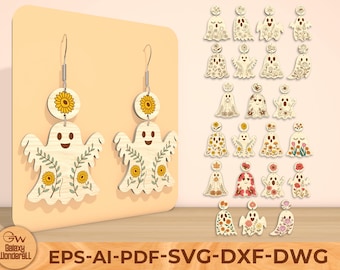 Floral Ghost Earrings SVG: Laser Cut Halloween Dangle Template (Digital Download