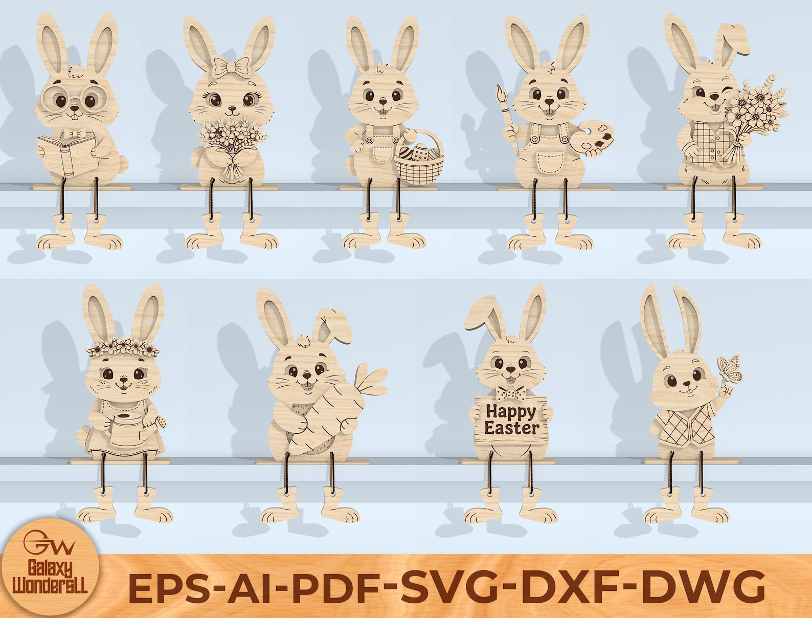 Easter Bunny Shelf Sitters SVG Laser Cut File, Wooden Dangling Leg ...