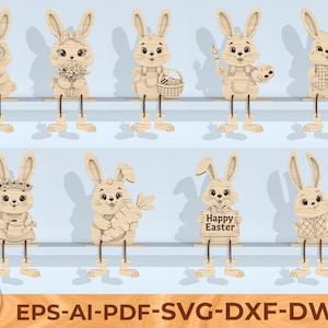 May include: A collection of wooden Easter bunny figurines with various accessories, including books, flowers, and paintbrushes. Each bunny has long ears and is perched on a shelf. The phrase "Happy Easter" is on one sign.