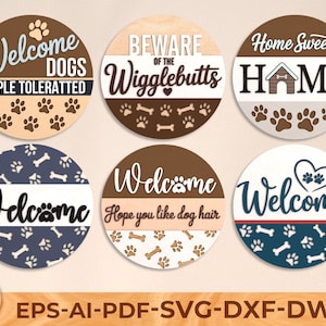 Dog Laser Sign Bundle Svg, Round door hanger, Glowforge laser file, Cricut cut file, Front door welcome sign, Paw prints, Digital download
