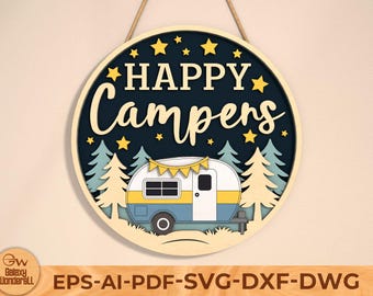 May include: A wooden sign with a blue and yellow camper van silhouette and the text "HAPPY Campers" in a white font with yellow stars. The sign has a dark blue background and is surrounded by green trees.