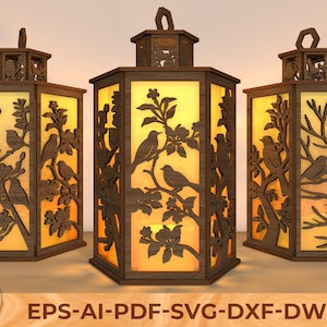 Bird Lantern SVG Files for Laser Cutting, 3D Multilayer Wood Lantern Template, Nature Floral Birds Glowforge Lantern DIY Light Box