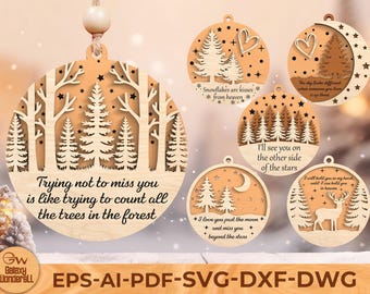 Memorial Christmas Ornament SVG Bundle: In Memory Forest Tree & Star Laser Cut File