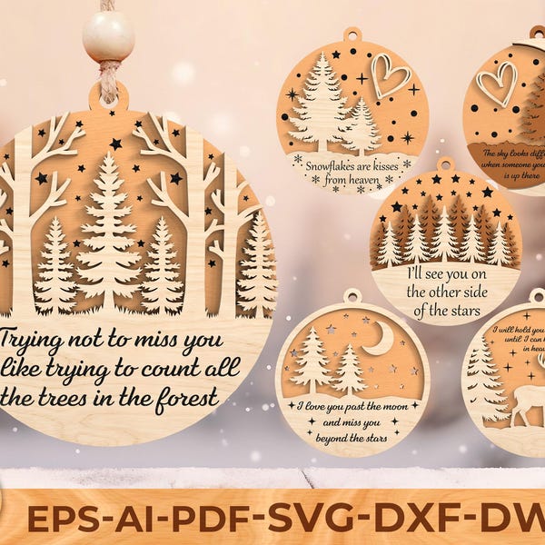 Paquete SVG de adornos navideños conmemorativos: archivo cortado con láser de árbol y estrella del bosque en memoria