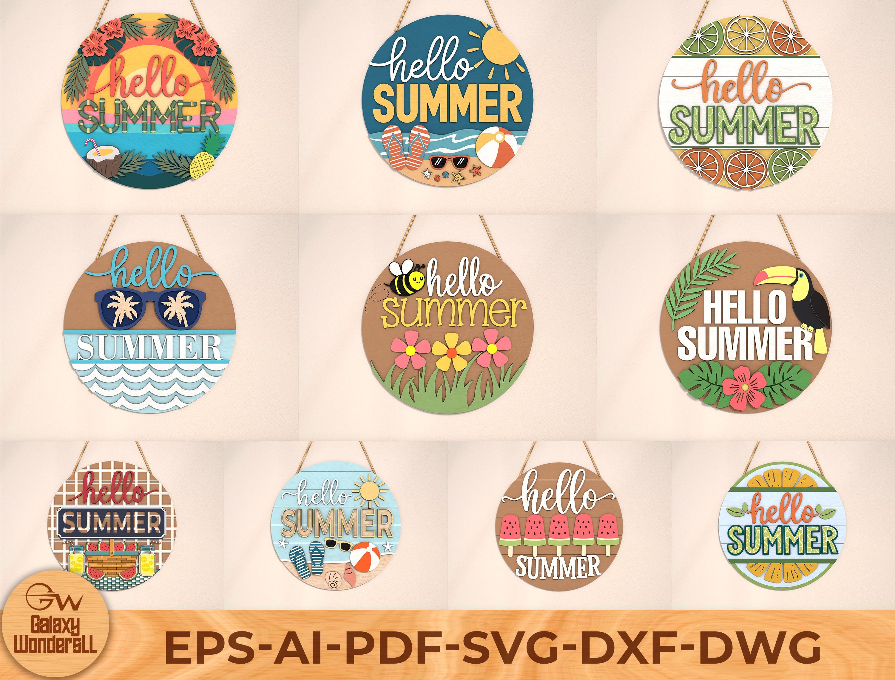 Summer Laser Cut Sign Bundle SVG: Round Door Hanger, Glowforge File ...