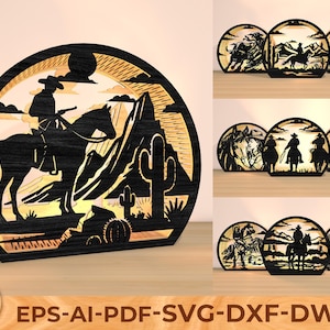 Può includere: Decorazione western in legno tagliato al laser con un cowboy a cavallo, montagne e cactus. Il design è in una cornice circolare con una silhouette dettagliata. L'immagine mostra anche altri disegni a tema western. Il testo "EPS-AI-PDF-SVG-DXF-DWG" è in basso.