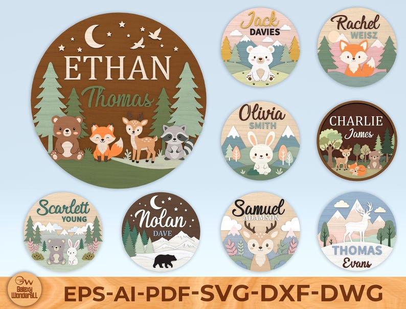 Personalized Woodland Nursery Sign SVG Bundle, Forest Animal Name Sign ...