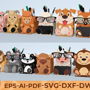 3D dieren potlood houder SVG-bundel, schattige brilstandaard lasergesneden bestanden, Kids Desk Organizer hout CNC Glowforge SVG-bundel