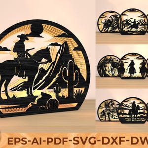 Western Cowboy Lantern SVG, Layered Light Box with Horse & Desert Scene, Laser Cut Files for Glowforge Cricut, Rustic Ranch Home Decor
