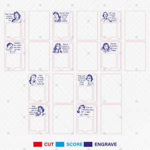 May include: A collection of laser-cut cards with retro illustrations of women and humorous text. The cards are designed with cut, score, and engrave lines, featuring phrases like "Things I should remember" and "Because my memory is not reliable."