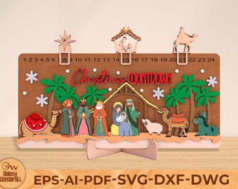 Kleur geboorte kerst aftellen SVG, adventskalender lasergesneden bestand, decor Glowforge kribbe