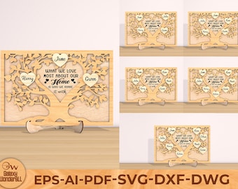 Decoración personalizada de árbol genealógico con forma de corazón SVG: Archivos cortados con láser (archivo digital)