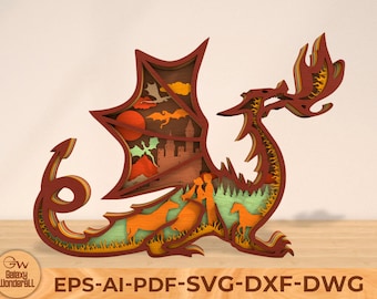 May include: A layered wooden dragon design with a red, orange, and yellow color scheme. The dragon is holding a castle in its mouth and has a forest scene behind it. The design is perfect for laser cutting and creating a 3D model.