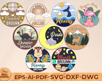 May include: Ten round wooden signs with various colorful illustrations and names. The signs feature a hot air balloon, a rainbow, a whale, a flamingo, a dinosaur, a deer, an elephant, a giraffe, a rocket, and planets. Each sign has a name written on it, such as "Scaelett Brounn", "Amanda Miller", "Henry", "Levi Alan", "Doale", "Domine Broven", "Henry Brown", "Marth Brounn".