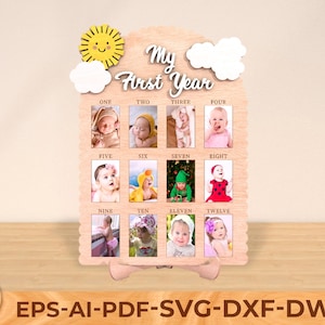 Quadro de fotos de aniversário de bebê, quadro de fotos do meu primeiro ano, moldura de um ano, quadro de madeira de 1 ano Svg