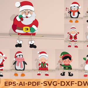 May include: A collection of Christmas-themed wooden cutouts, including Santa Claus, penguins, elves, and snowmen. Each figure has dangling legs and is wearing festive attire. The image also includes the text "EPS-AI-PDF-SVG-DXF-DWG".