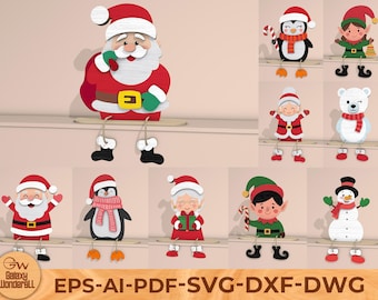 Christmas Shelf Sitters SVG Bundle, Santa, Elf, Penguin, Snowman Laser Cut Files, Cute Wood Decor Home, glowforge File svg