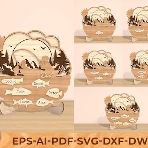 File SVG con taglio laser per la pesca della festa del papà, cartello per la pesca della festa del papà con nomi dei bambini, decorazione murale digitale personalizzata per nonno, papà, nonno