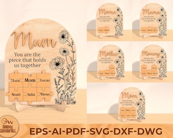 May include: Wooden plaque with the word "Mum" and the phrase "You are the piece that holds us together." Features puzzle pieces with names and floral accents. Includes the names Luis, Mom, Lucas, Noah, Julia, and Varus.