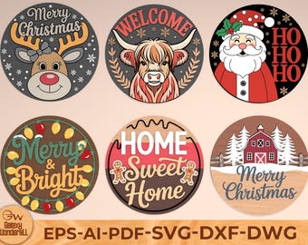 Kerstdeurbord SVG: gelaagd rendier, kerstman, boerderijdecor (digitaal bestand)