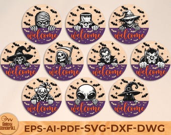 Halloween Welcome Sign SVG: Ghost Door Hanger, Laser Cut File (Digital Download