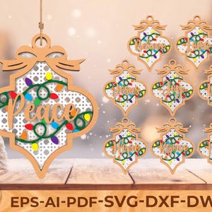 Paquete SVG de adornos navideños, archivos cortados con láser, Paz, Amor, Alegría, Noel, Jesús, conjunto SVG de adornos en capas