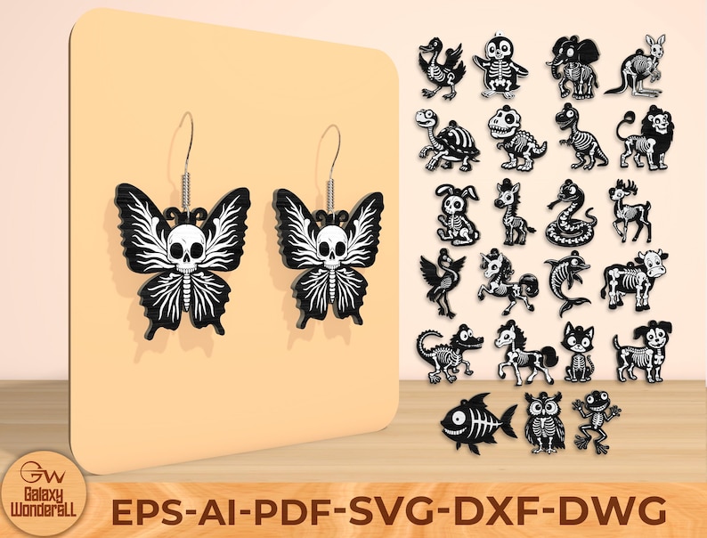 May include: Black butterfly earrings with a skull design, displayed with a collection of black and white animal skeleton designs. The earrings are on a light orange background. The text "EPS-AI-PDF-SVG-DXF-DWG" is at the bottom.