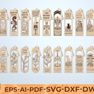 May include: A collection of wooden bookmarks with various designs and quotes. The bookmarks feature laser-cut illustrations of flowers, owls, cats, and other imagery. Each bookmark has a tassel and a unique quote related to reading.