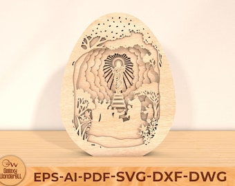 May include: A laser cut wooden design of a religious scene with a figure ascending a staircase to heaven, surrounded by clouds and trees. The design is in the shape of an egg.