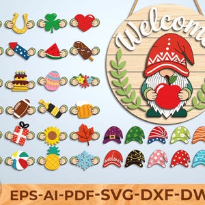 Peut inclure: Panneau de bienvenue en bois avec un gnome tenant une pomme, entouré d'icônes de vacances et de saison. Comprend des chapeaux avec différents motifs et le texte "Welcome". Le texte "EPS-AI-PDF-SVG-DXF-DWG" est également présent.