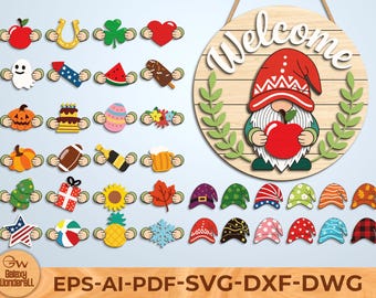 Letrero de bienvenida de gnomo intercambiable SVG, colgador de puerta redondo, archivos de corte láser, juego de gnomos de temporada, corte de madera de 3 mm, Glowforge xTool Cricut SVG