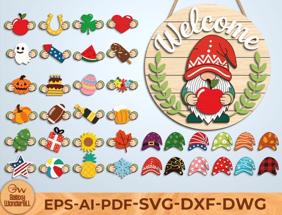 Interchangeable Gnome Welcome Sign SVG, Round Door Hanger Laser Cut Files, Seasonal Gnome Set, 3mm Wood Cut, Glowforge xTool Cricut SVG