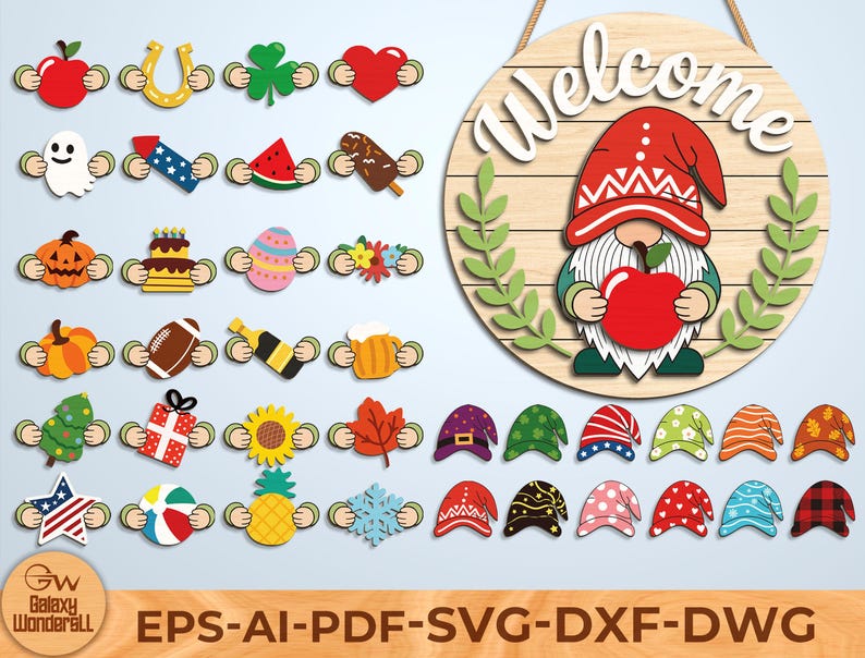 K&ouml;nnte beinhalten: Eine digitale Sammlung von Grafikelementen zum Thema Zwerge, die verschiedene saisonale Symbole in Zwergenh&auml;nden zeigen, darunter ein rundes Willkommensschild aus Holz mit einem Apfel haltenden Zwerg und diverse bunte Zwergenm&uuml;tzen.