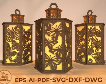 Butterfly Lantern Laser Cut SVG: Candle Holder, Table Lamp (Digital File Bundle)