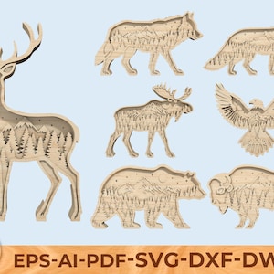 Może przedstawiać: Drewniane sylwetki zwierząt wycięte laserowo, w tym jeleń, wilk, lis, łoś, orzeł, niedźwiedź i bizon. Każde zwierzę ma wewnętrzny wzór gór i drzew. Na dole obrazu widnieje napis "EPS-AI-PDF-SVG-DXF-DWG".