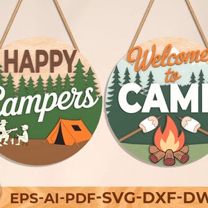 Happy Campers Retro SVG, Round door hanger svg, Camper sign decor, Silhouette cut file, Glowforge laser file, Cricut, Digital download