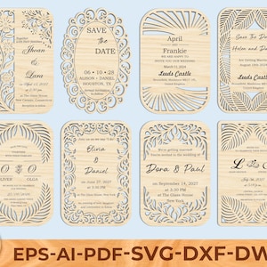 Può includere: Inviti di nozze in legno tagliati al laser con intricati disegni floreali e geometrici. Ogni invito presenta nomi, date e luoghi, tra cui "Save the Date" e "Leeds Castle." L'immagine include anche il testo "EPS-AI-PDF-SVG-DXF-DWG."