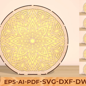 Mandala nachtlampje SVG, enkellaags lasergesneden mandala lampontwerp, Glowforge nachtpaneel SVG, ronde lamp DXF-bestand knippen
